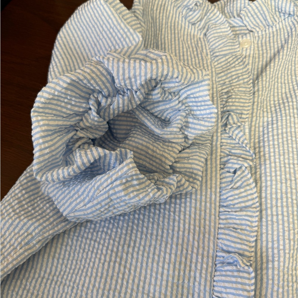 Light Blue Seersucker Ruffle Button-Up Blouse - Picture 4 of 4